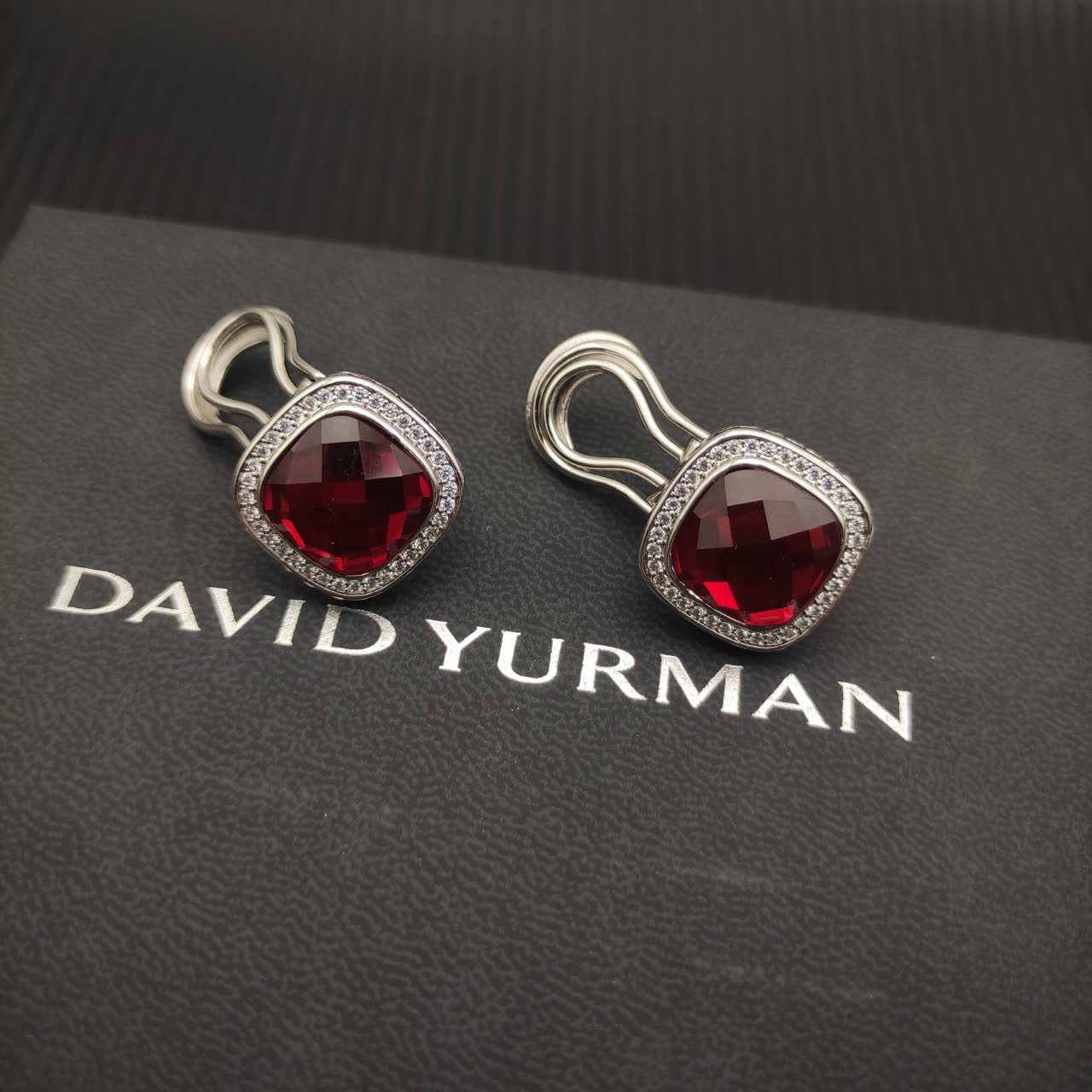 David Yurman Sterling Silver Albion Earrings with Red Diamonds